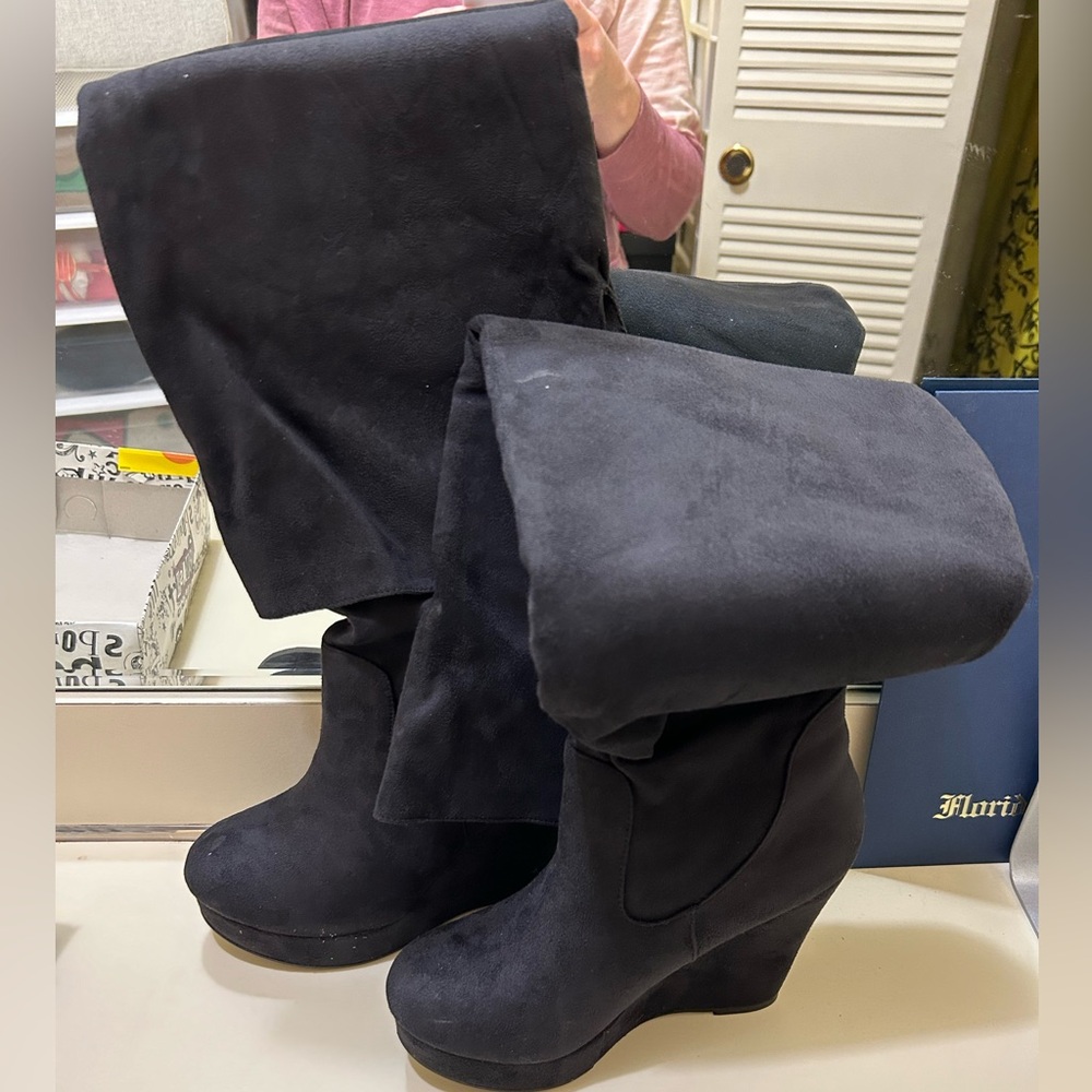 Black over the knee suede wedge boots size 8